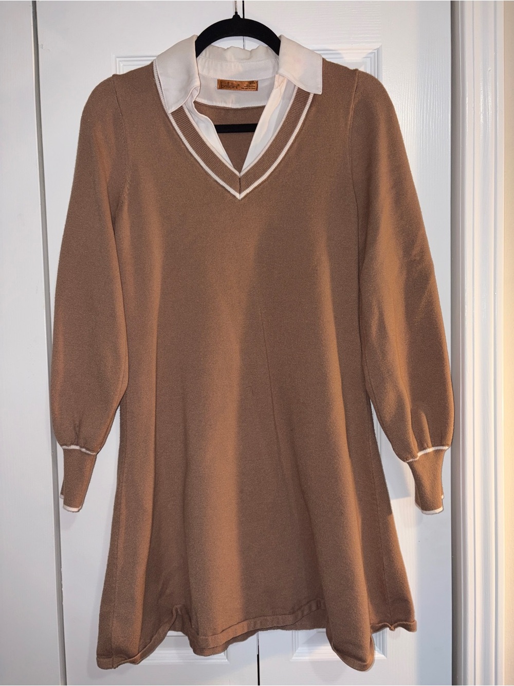 Belldini Camel V-Neck Sweater Dress with White Trim